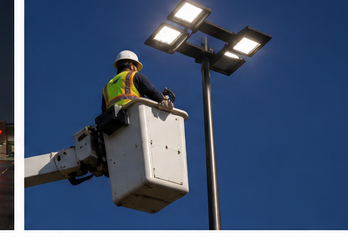 Bucket truck servicing exterior lighting